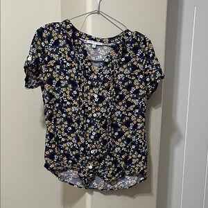 Sara Michelle Navy Floral Button-Front Blouse with Yellow Accents